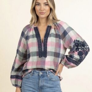 Chemise Carreaux Broderie Fleurie TOP3593