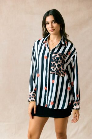 Chemise Oversize Rayure Poche Léopard | CH2685