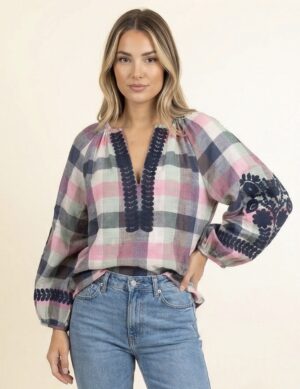 Chemise Carreaux Broderie Fleurie TOP3593